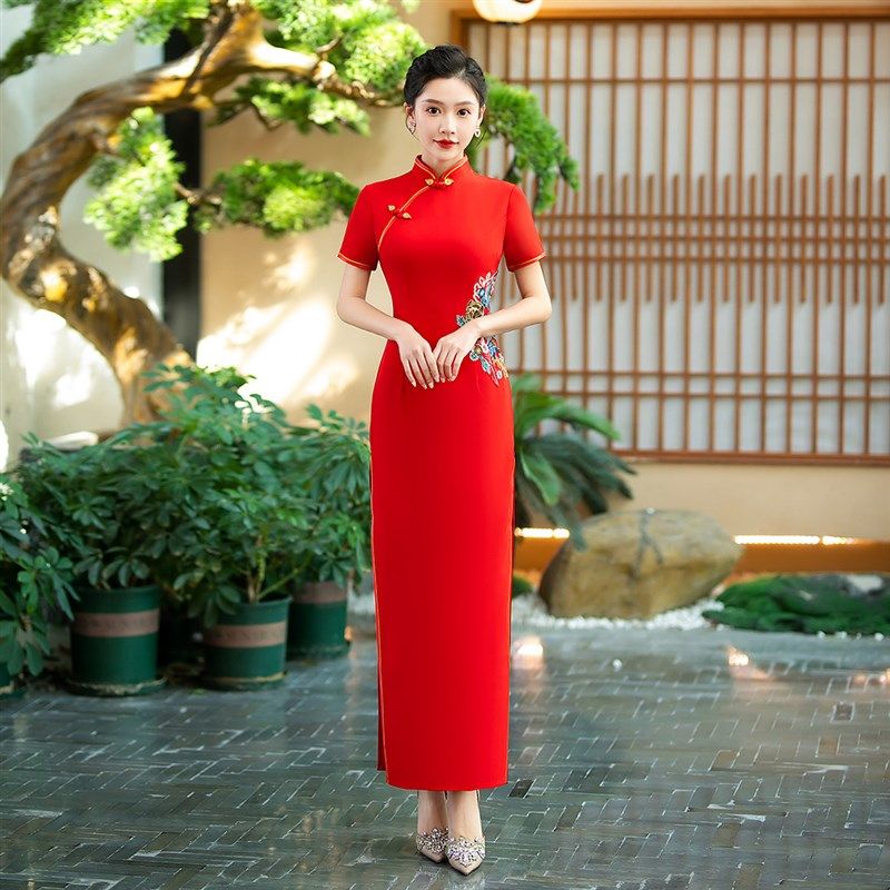 红色长款修身改良迎宾礼仪旗袍舞台走秀旗袍回娘家团队演出服旗袍