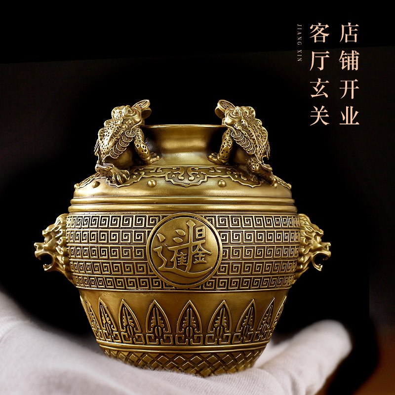 聚宝盆纯铜黄铜米缸铜缸金蟾店铺开业送人礼品客厅卧室工艺品摆件