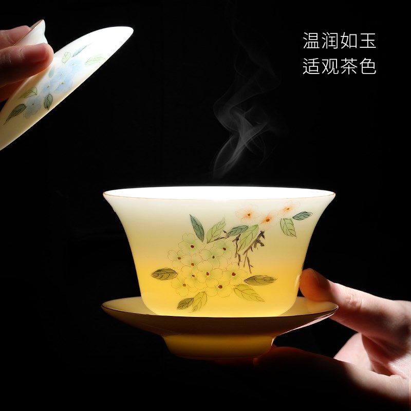 《锦绣前程》大师手绘绣球花盖碗 德化羊脂玉瓷陶瓷高端三才茶碗