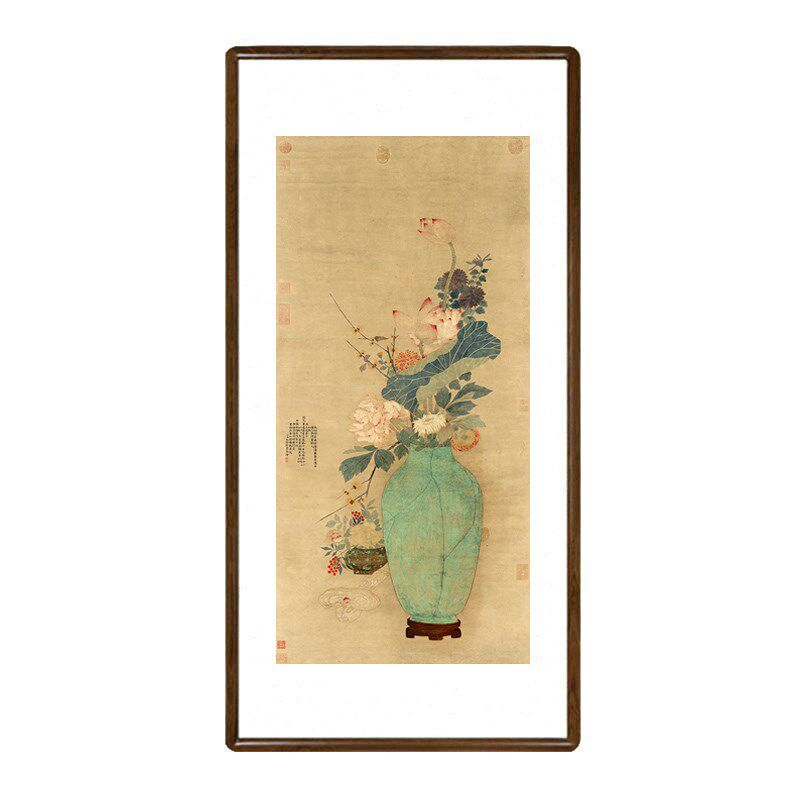 名家字画荷花牡丹花瓶挂画新中式客厅玄关装饰画走廊过道复古壁画