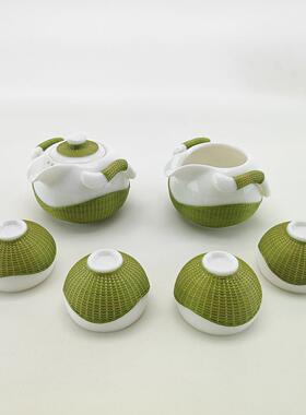 四川竹丝扣瓷茶壶手工瓷胎竹编泡茶壶茶杯一壶两杯便携茶具套装