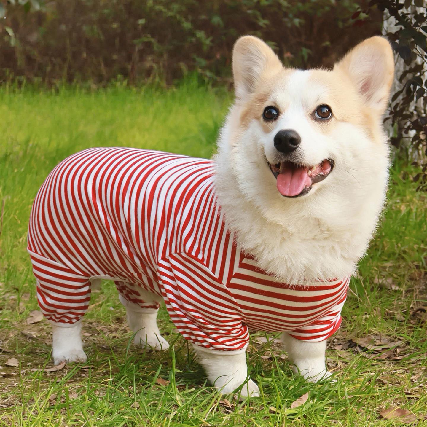 柴犬柯基泰迪狗狗衣服条纹宠物睡衣四脚衣中型犬防掉毛防脏居家服