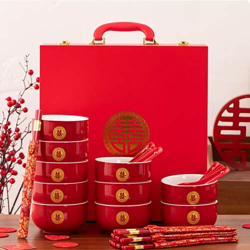 结婚喜碗对碗套装新婚礼物送新娘陶瓷餐具中式碗筷勺家用婚庆用品