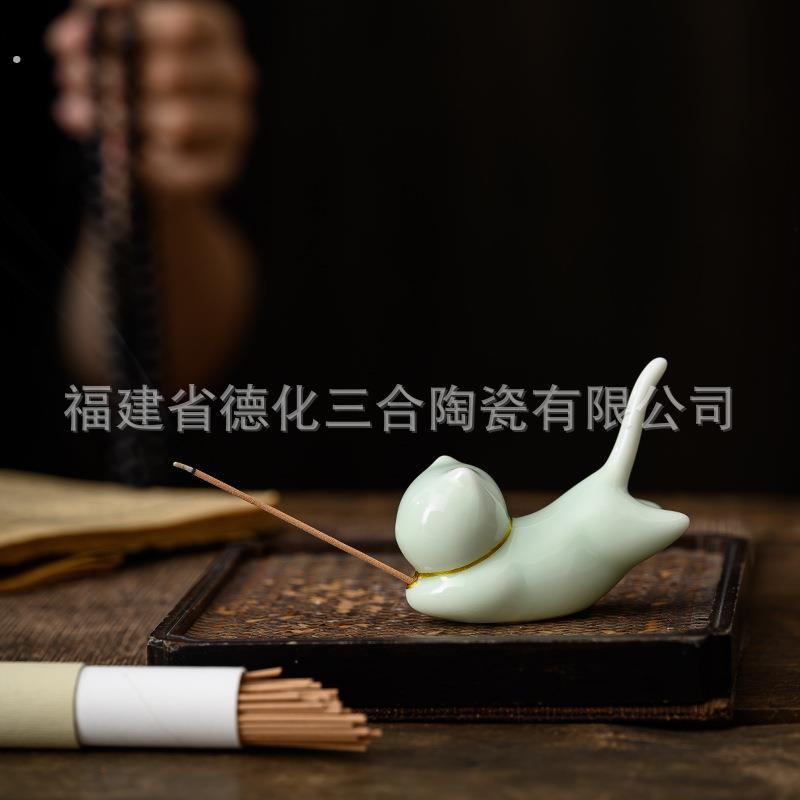 创意可爱猫咪陶瓷香插茶道摆件个性茶宠家用室内檀香插香薰炉香托