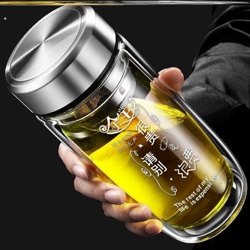 双层中空钢化玻璃杯家用便携保温水杯茶水分离男士2023防摔耐高温