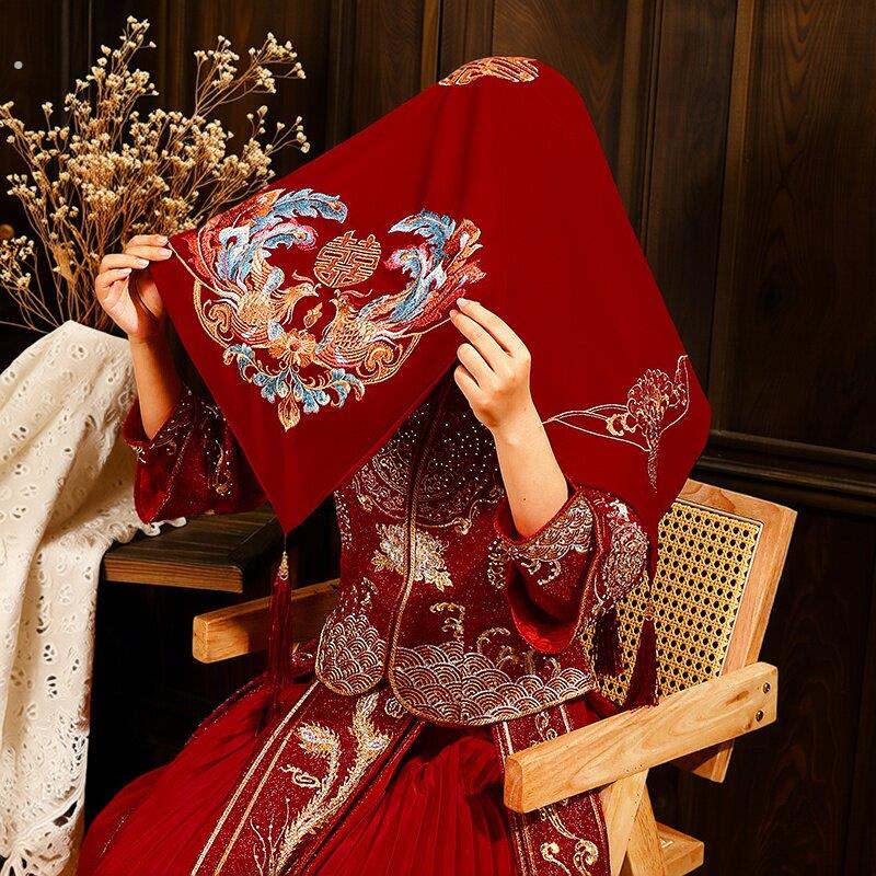 红盖头新娘秀禾高级服出嫁喜帕结婚头饰中式婚礼简单大气红色古风
