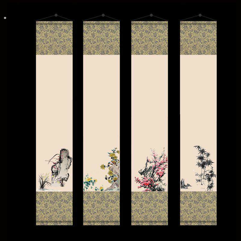 梅兰竹菊空白画轴横幅挂轴书法国画复古卷轴挂画微喷仿古四条屏