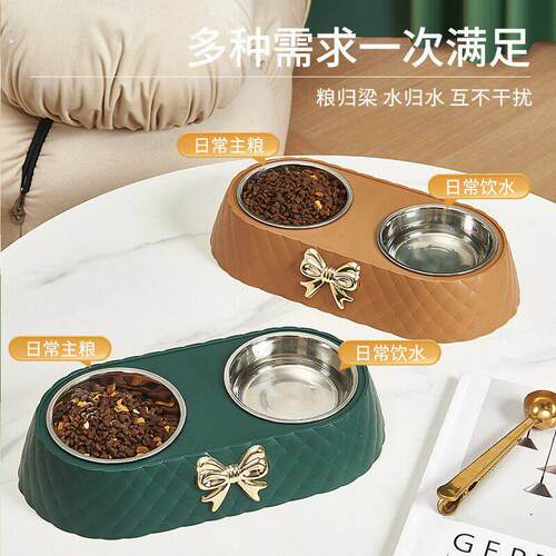 轻奢风新款宠物蝴蝶结碗猫狗粮饮水两用双碗狗盆宠物不锈钢猫狗碗