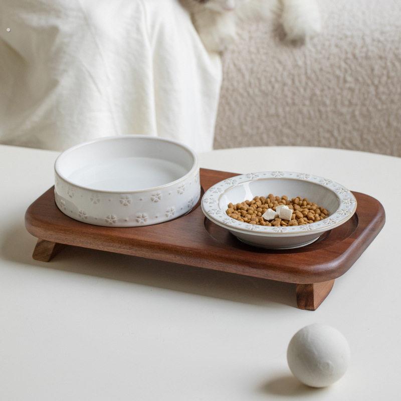 覆古陶瓷猫碗猫咪吃饭喝水防打翻增高架大口径双碗猫狗食盆小型犬