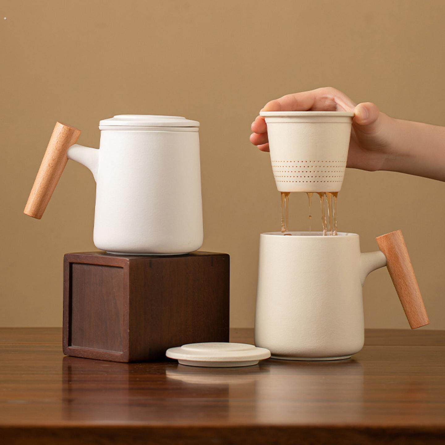 陶瓷茶水分离杯马克杯简约家用办公带盖子过滤个人专用木柄泡茶杯