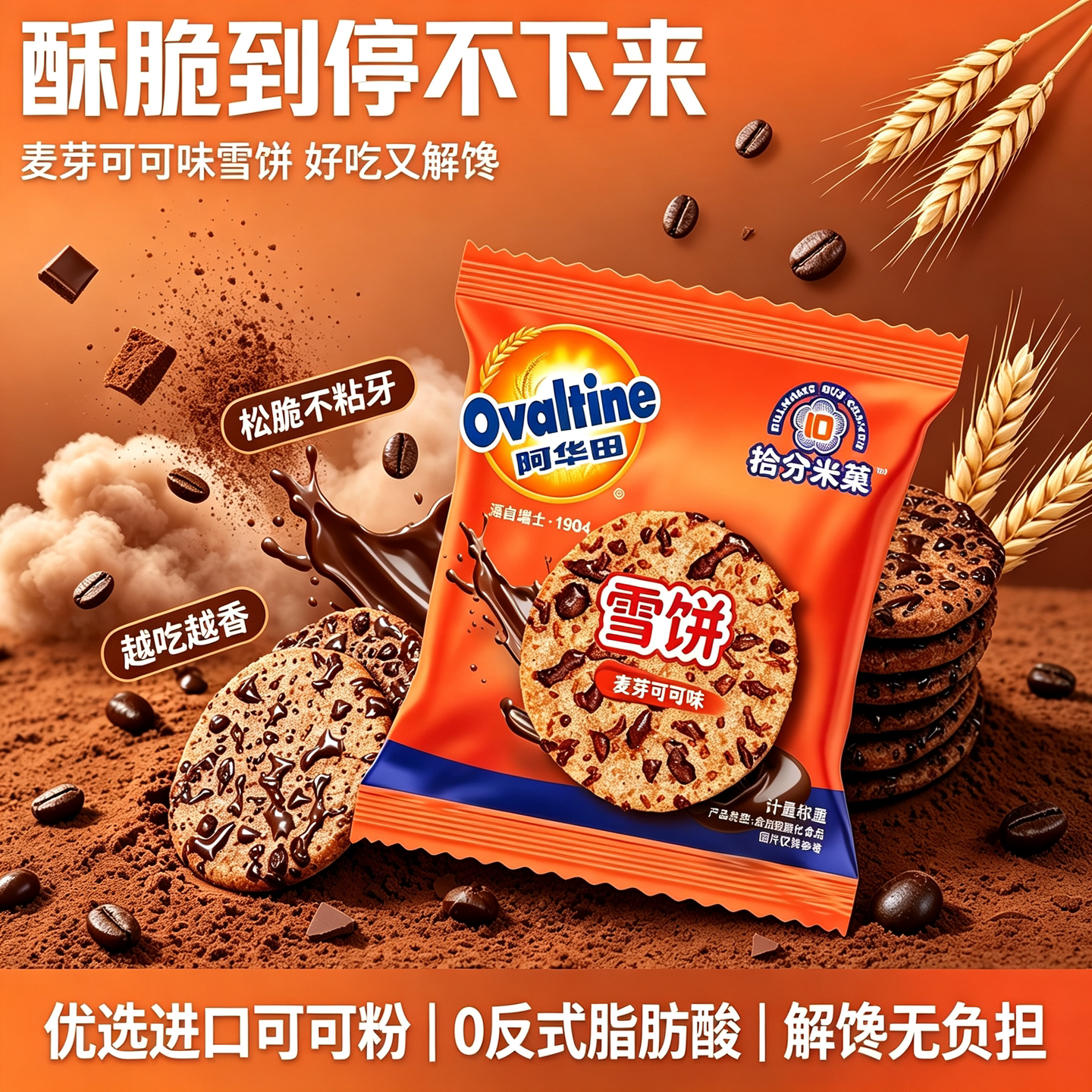 阿华田可可雪饼玖洲拾分米饼膨化饼干健康非油炸零食下午茶点心