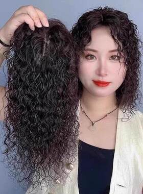 头顶补发片女短卷发真发手织无痕发顶发盖补发遮白发羊毛卷假发片