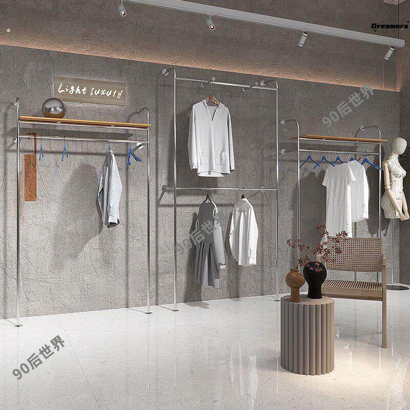 服装店墙上展示架壁挂式不锈钢双层挂衣服架子女装店专用陈列厂家