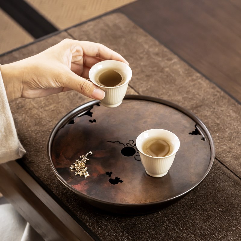 手工纯铜镶银茶盘 复古风格壶承 家用干泡台