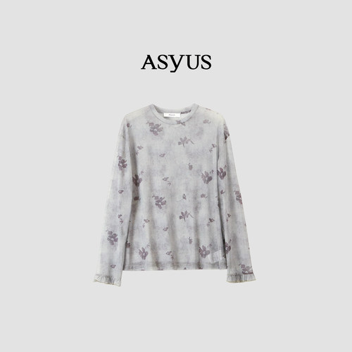 【新品】 ASYUS 2026夏季新款 女装荷叶边印花网纱长袖T恤