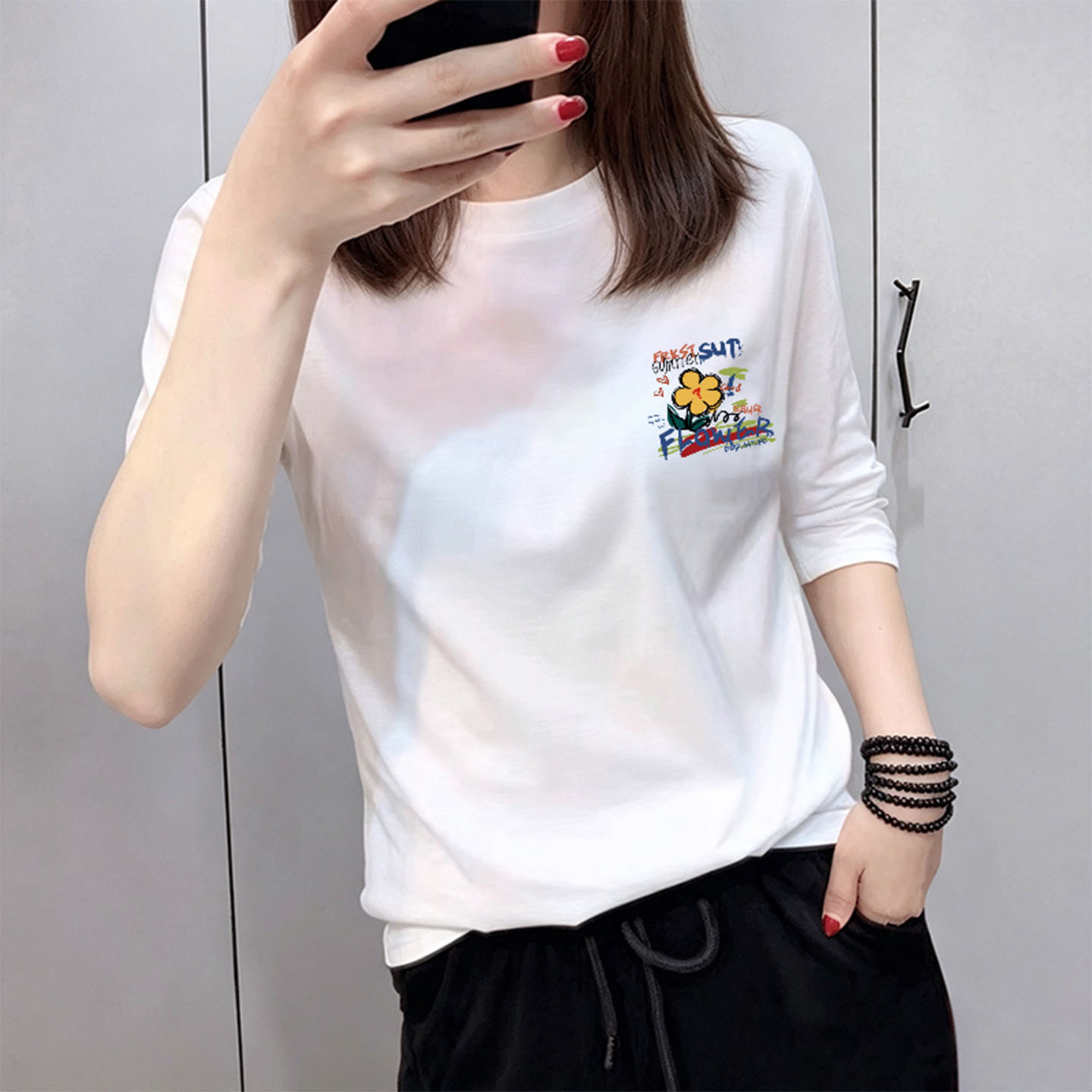 圆领七分袖上衣女春秋季新款半袖白色大码打底衫休闲简约内搭T恤
