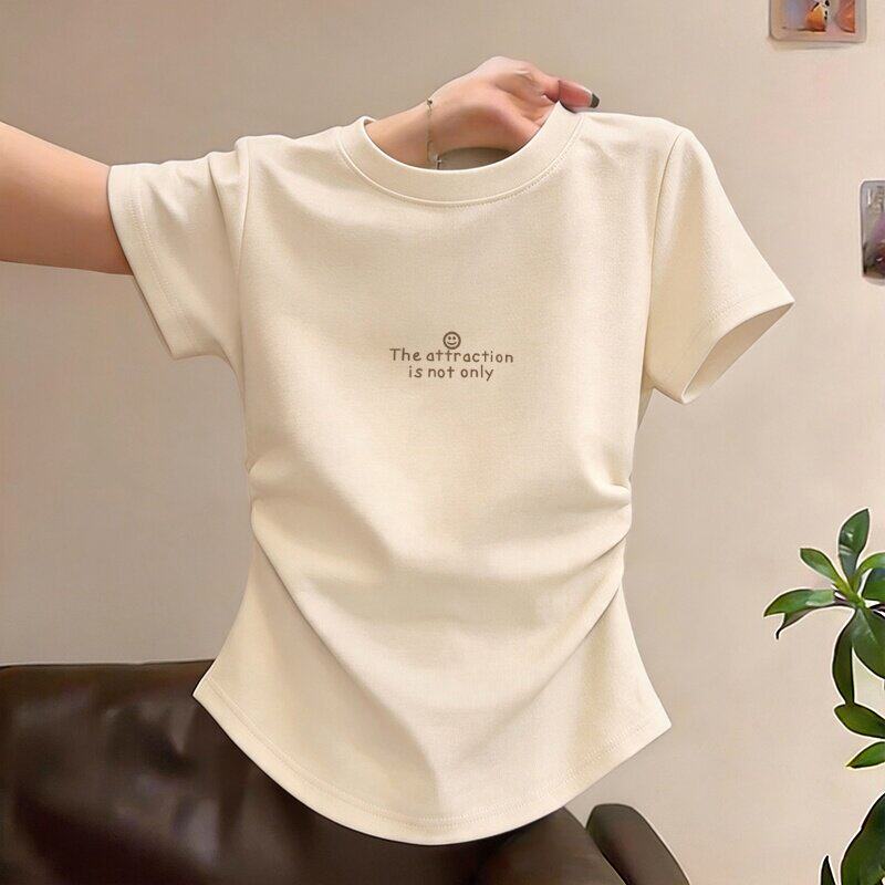 棉质褶皱圆领短袖t恤女夏季新款掐腰显瘦不规则短款上衣辣妹风ins