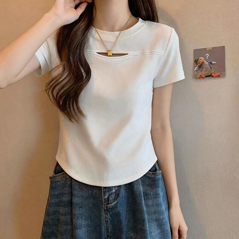 棉质镂空短袖t恤女2026夏季新款心机短款修身显瘦性感打底衫上衣