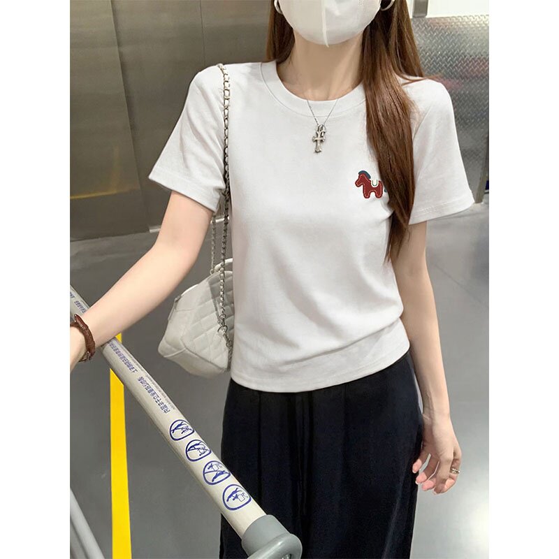 棉质白色短袖t恤女夏季2026新款修身短款上衣女装体恤简约打底衫