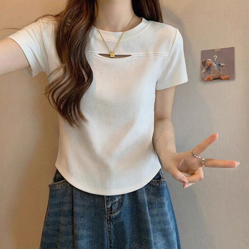 白色正肩短袖T恤女夏设计感小众小个子镂空棉质修身高腰短款上衣