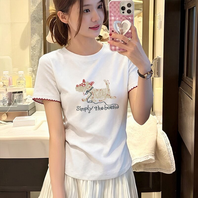 2026夏季新款欧货棉质短袖T恤女设计感小众拼接花边袖口打底上衣