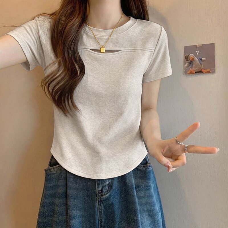 杏灰显瘦2026流行夏季新款显瘦辣妹小众上衣棉质镂空短袖t恤女装
