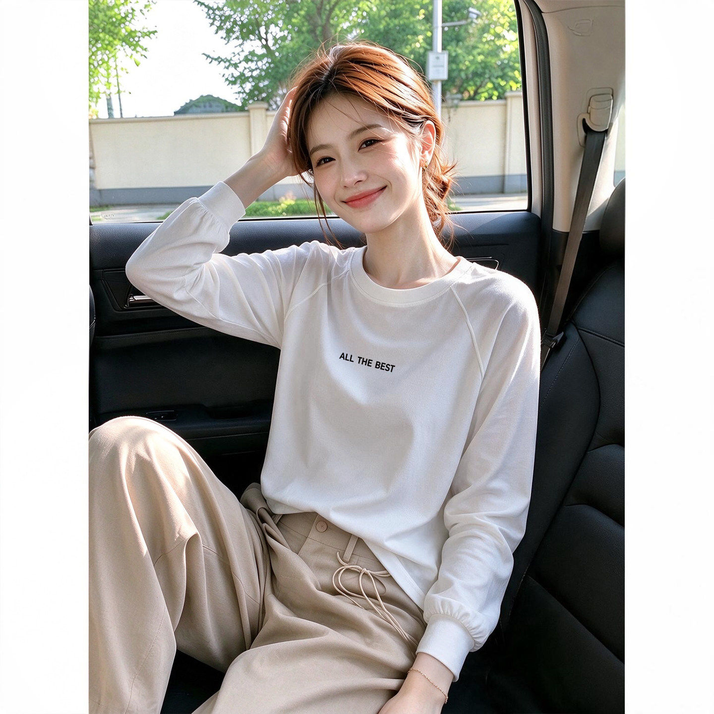 白色长袖t恤女2026新款宽松高级感胖mm显瘦圆领短款上衣女春秋季