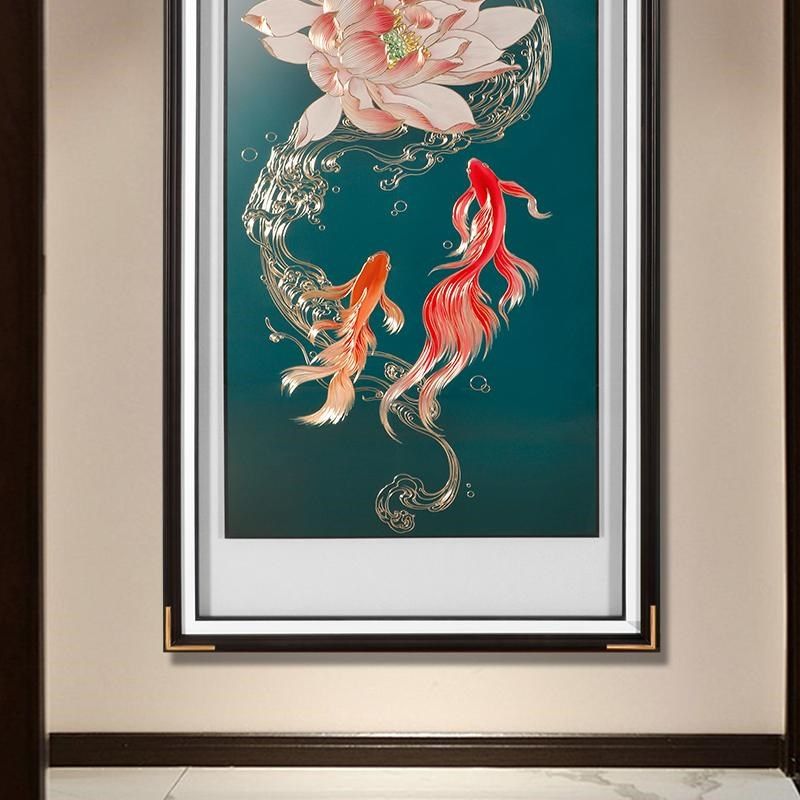 入户玄关新中式荷花九鱼图竖版挂画手工雕刻鲤鱼铜版画竖版装饰画