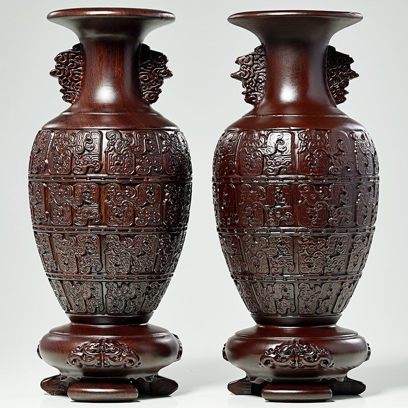 黑檀木雕装饰花瓶摆件实木仿古中式客厅插花博古架家居玄关工艺品