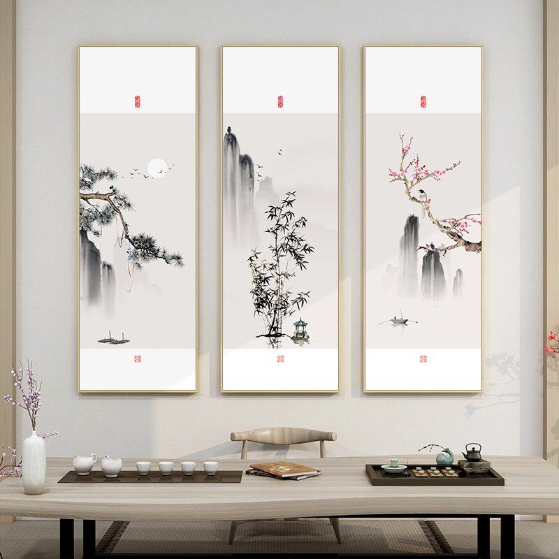 岁寒三友挂画新中式茶室客厅壁画装饰画松树竹子梅花风景山水网红
