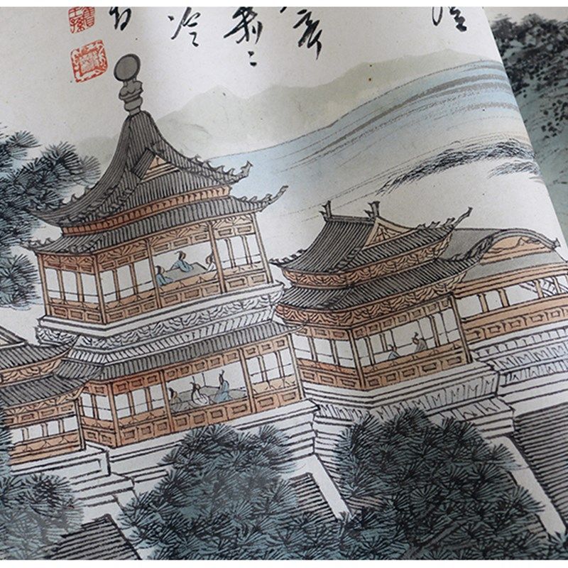 清 溥儒 山水长卷 国画工笔水墨楼阁人物画 装饰画 宣纸高清复制