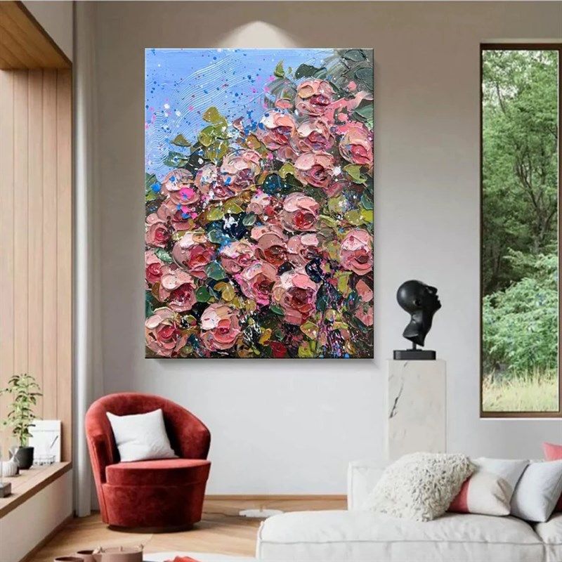 大芬村纯手绘油画抽象牡丹花卉立体肌理感客厅装饰画玄关走廊挂画