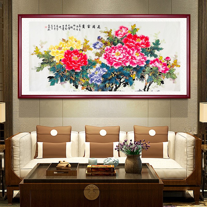 纯手绘精品国画牡丹画六尺横幅宣纸画花开富贵中式客厅装饰挂画