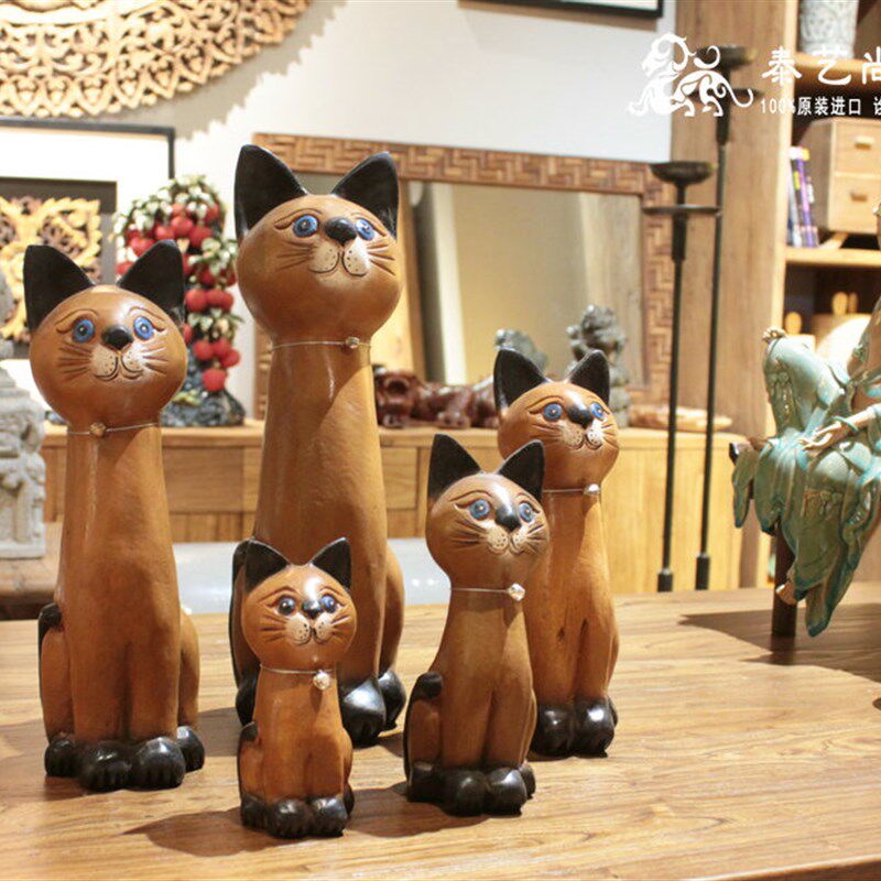 泰国天然实木雕可爱猫咪摆件创意家居摆件客厅入户门厅电视柜装饰