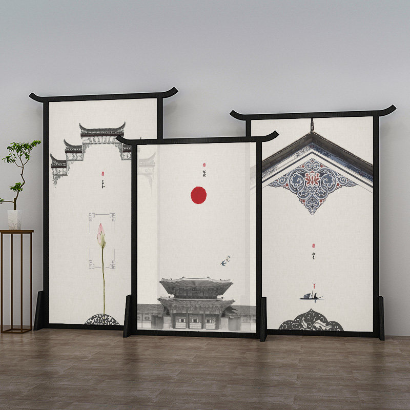 新中式组合座屏屏风实木移动隔断挡客厅入户禅意装饰玄关马头墙