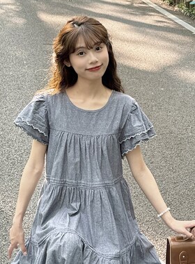 夏季森系文艺气质复古蓝灰色连衣裙温柔木耳边高腰显瘦蛋糕裙长裙