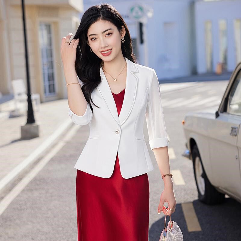 白色七分袖小西装外套女2025春季新款高级感气质女神范职业装套裙