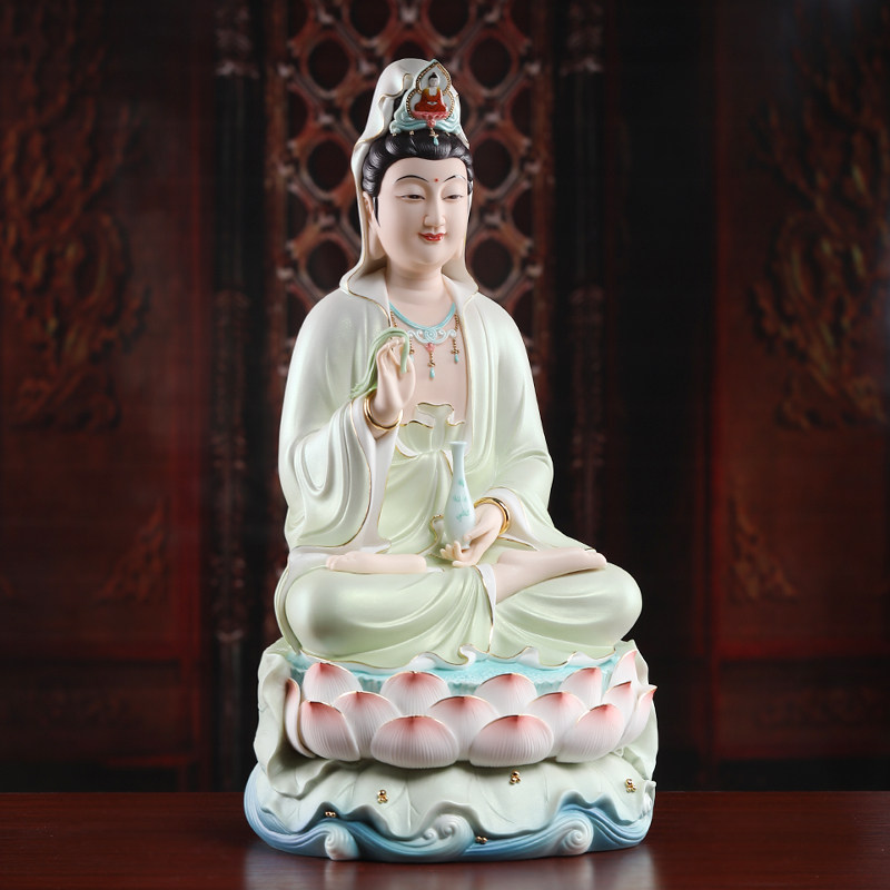 戴玉堂珍珠彩绿衣观音菩萨佛像南海观世音菩萨像供奉家用陶瓷摆件