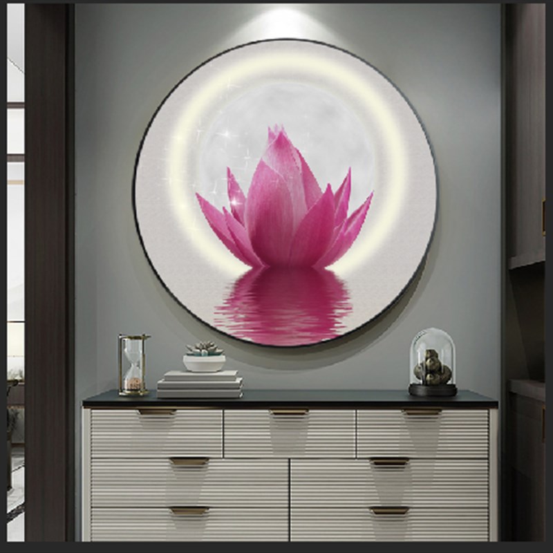 轻奢新中式荷韵壁挂画背景墙古风荷花晶瓷画玄关墙圆形莲花装饰画