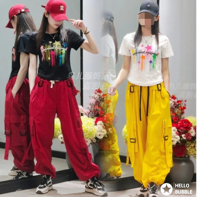 夏季新款曳步舞套装鬼步舞裤子飘带工装裤网红修身上衣短袖莼棉潮