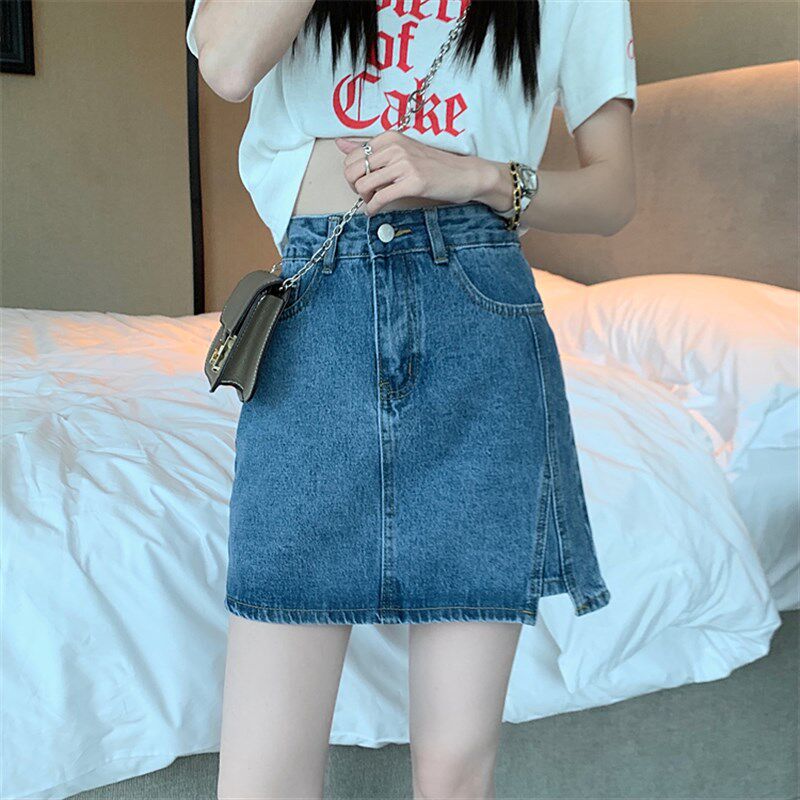 玫红色牛仔短裙女夏甜辣开叉包臀A字裙子显瘦百搭大码高腰半身裙