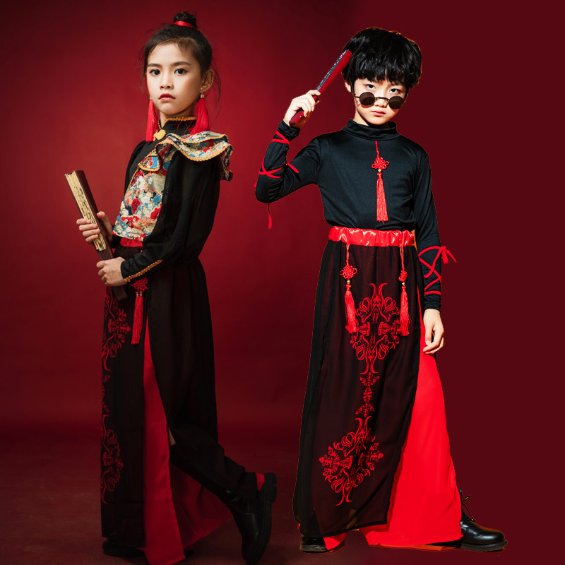 儿童中国风街舞爵士演出服男童复古女童旗袍走秀古典舞古筝表演服