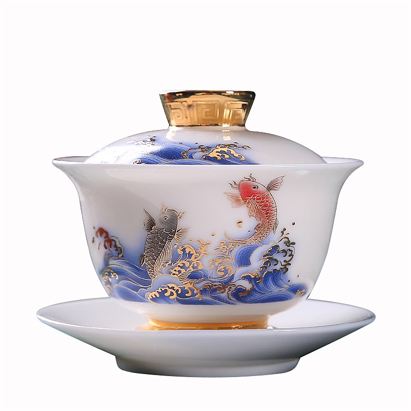 羊脂玉盖碗高档薄胎茶杯茶具茶碗陶瓷大号白瓷三才敬茶碗单个家用