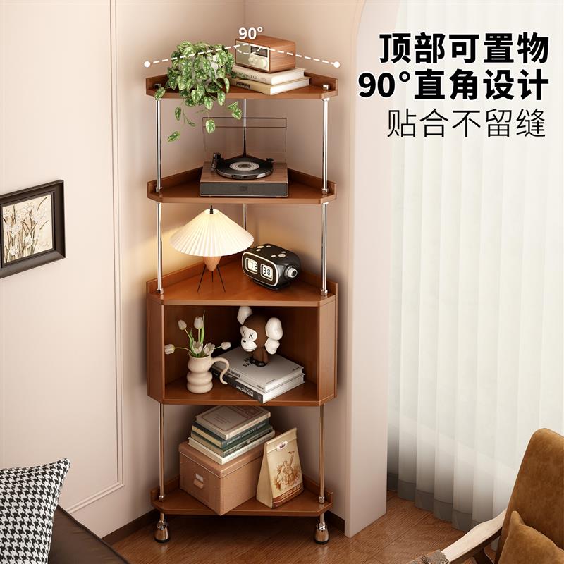 中古风实木转角置物架三角展示柜客厅多功能拐角墙角卧室收纳书架