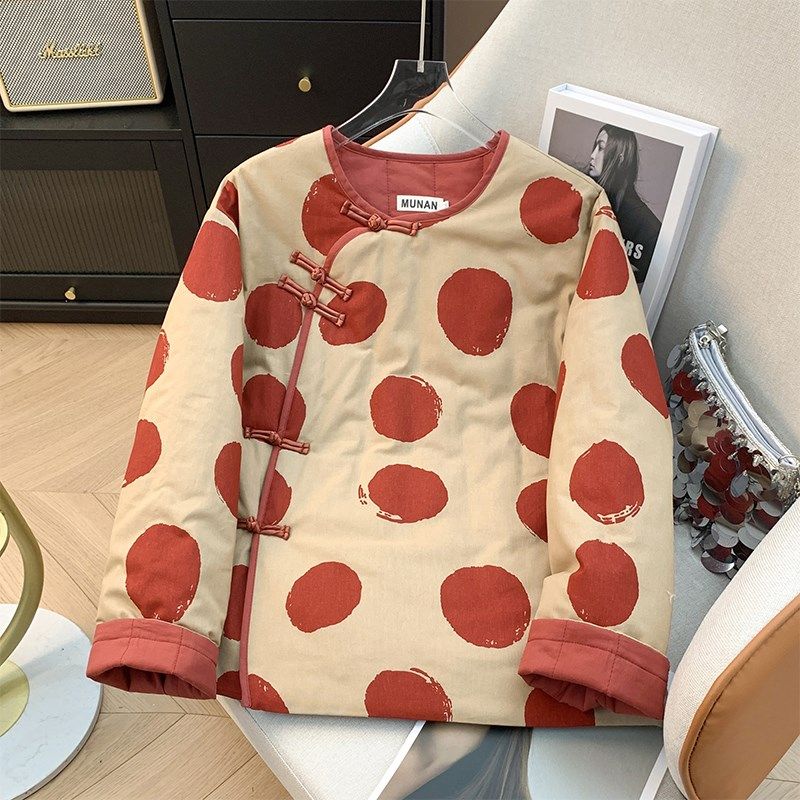 复古波点夹棉保暖棉服外套女秋冬新款宽松禅意茶服新中式盘扣棉衣
