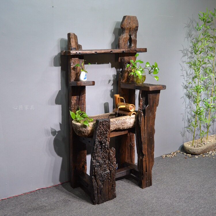 老船木流水架海螺孔风化装饰石槽花架养花养鱼鱼缸盆景架子