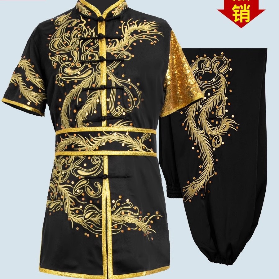大业亨通武术服专业竞赛表演服装现货刺绣仿真丝新款一色金凤尾图片