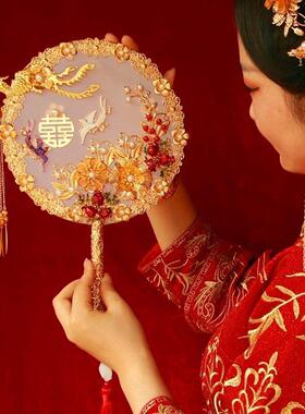 团扇结婚新娘蒲扇秀禾服中式扇子古风手工双面刺绣红色喜扇成品扇