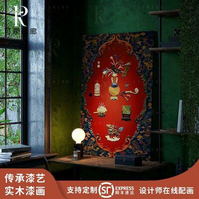 法式中古实木漆画客厅沙发背景古清立体摆画家用卧室过道复古挂画