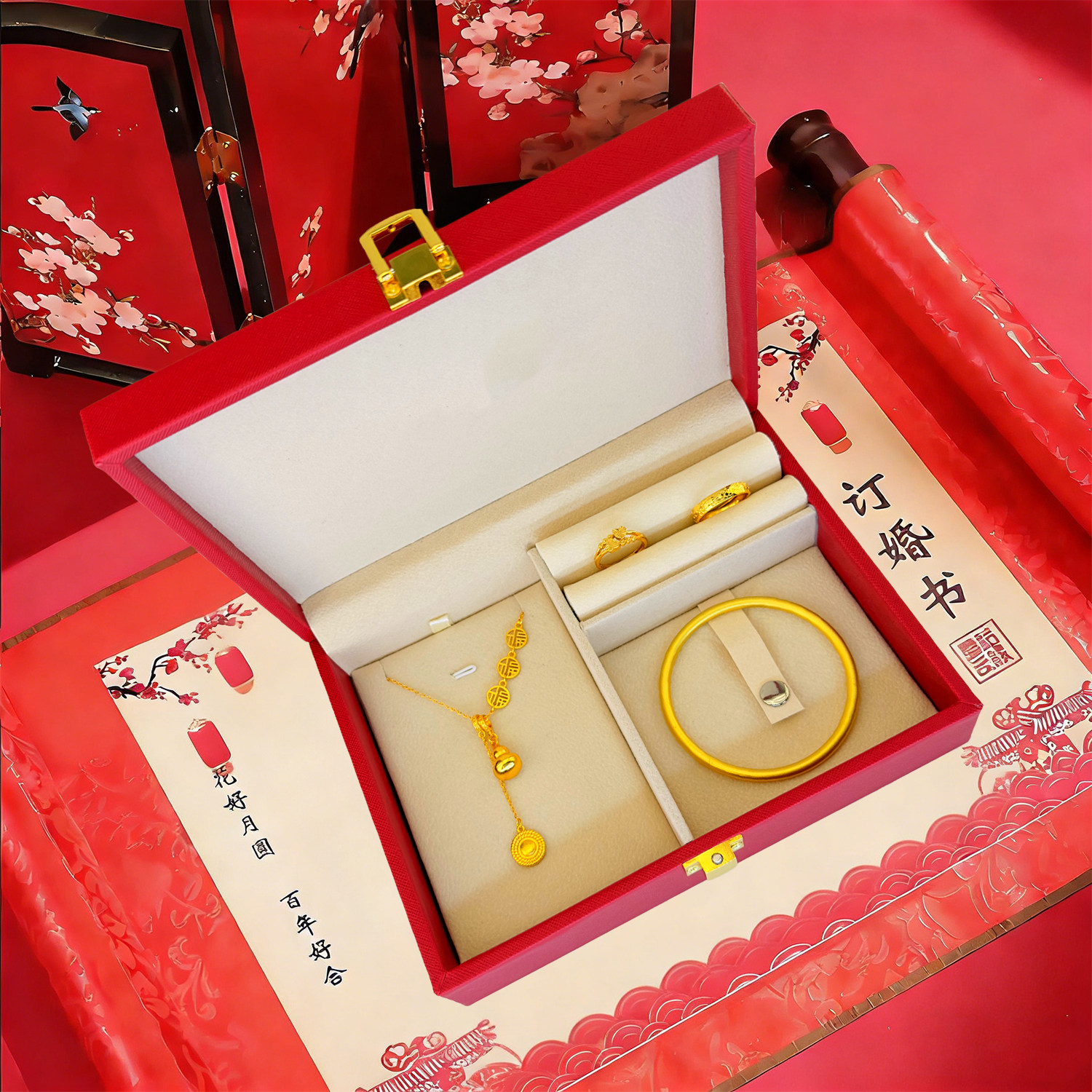 新娘饰品结婚订婚仿三金首饰礼盒装仿黄金仿真项链戒指手镯套装